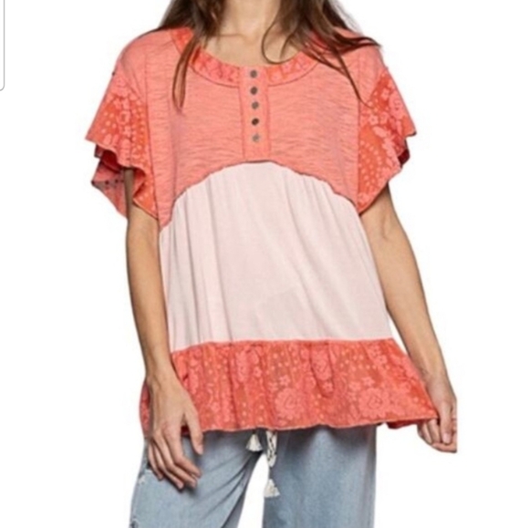 POL Tops - NWOT POL Coral Mixed Media Floral Mesh Ruffle Sleeve Tiered Hem Flowy Blouse Top